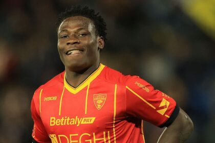 PISA, ITALY - MAY 1: Lameck Banda of US Lecce celebrates after scoring a goal during the Serie A match between Pisa SC and US Lecce at Arena Garibaldi on May 1, 2026 in Pisa, Italy. (Photo by Gabriele Maltinti/Getty Images)