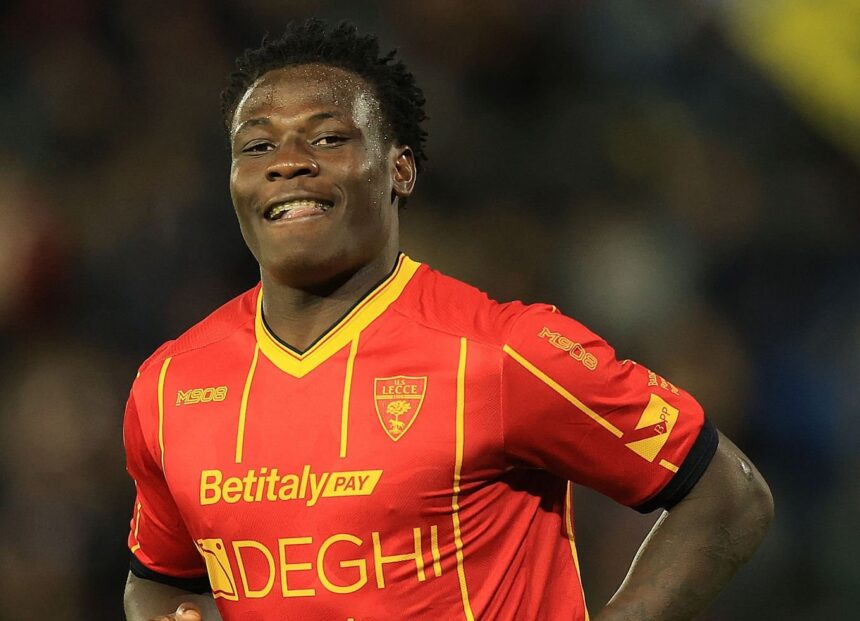 PISA, ITALY - MAY 1: Lameck Banda of US Lecce celebrates after scoring a goal during the Serie A match between Pisa SC and US Lecce at Arena Garibaldi on May 1, 2026 in Pisa, Italy. (Photo by Gabriele Maltinti/Getty Images)