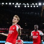 LONDON, ENGLAND - AUGUST 21: Martin Odegaard of Arsenal celebrates after scoring their side's third goal during the Premier League 2026/27 match between Arsenal FC and Coventry City at Emirates Stadium on August 21, 2026 in London, England. (Photo by James Gill - Danehouse/Getty Images)