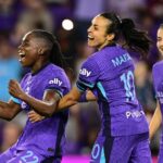 ORLANDO, FLORIDA - MARCH 14: Barbra Banda #22 of Orlando Pride celebrates with teammates after scoring the team's fifth goal during the NWSL match between Orlando Pride and Chicago Stars at Inter&Co Stadium on March 14, 2025 in Orlando, Florida. (Photo by Julio Aguilar/NWSL via Getty Images)