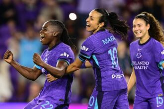 ORLANDO, FLORIDA - MARCH 14: Barbra Banda #22 of Orlando Pride celebrates with teammates after scoring the team's fifth goal during the NWSL match between Orlando Pride and Chicago Stars at Inter&Co Stadium on March 14, 2025 in Orlando, Florida. (Photo by Julio Aguilar/NWSL via Getty Images)