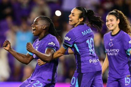 ORLANDO, FLORIDA - MARCH 14: Barbra Banda #22 of Orlando Pride celebrates with teammates after scoring the team's fifth goal during the NWSL match between Orlando Pride and Chicago Stars at Inter&Co Stadium on March 14, 2025 in Orlando, Florida. (Photo by Julio Aguilar/NWSL via Getty Images)
