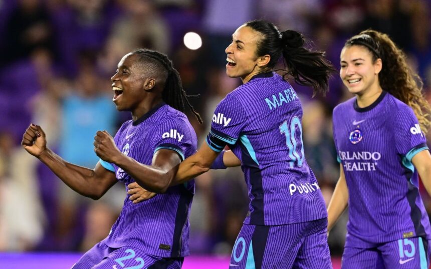ORLANDO, FLORIDA - MARCH 14: Barbra Banda #22 of Orlando Pride celebrates with teammates after scoring the team's fifth goal during the NWSL match between Orlando Pride and Chicago Stars at Inter&Co Stadium on March 14, 2025 in Orlando, Florida. (Photo by Julio Aguilar/NWSL via Getty Images)