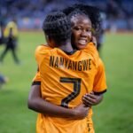 Natasha Nkaka hugging with Natasha Nanyangwe after Zambia beat Uganda at the Levy Mwanawansa stadium in Ndola on October 13, 2026.