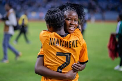 Natasha Nkaka hugging with Natasha Nanyangwe after Zambia beat Uganda at the Levy Mwanawansa stadium in Ndola on October 13, 2026.