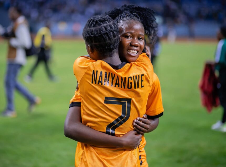 Natasha Nkaka hugging with Natasha Nanyangwe after Zambia beat Uganda at the Levy Mwanawansa stadium in Ndola on October 13, 2026.