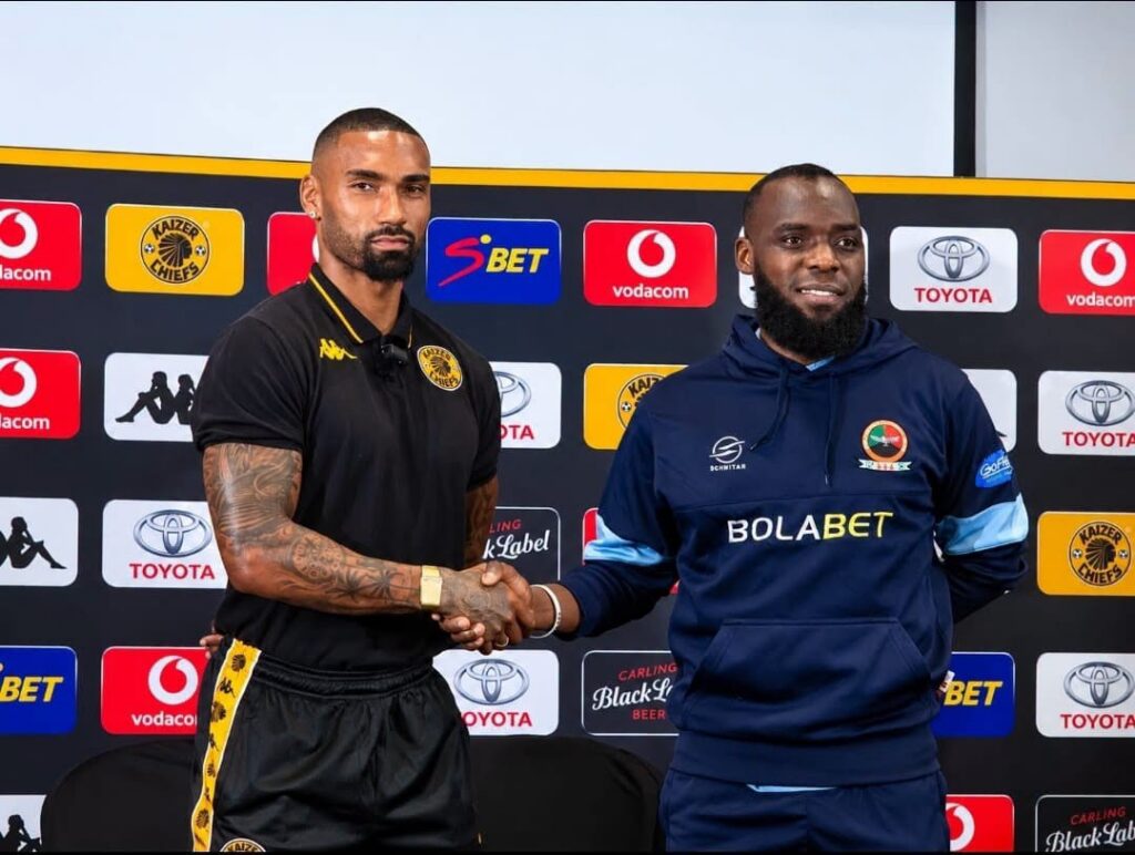 Kaizer Chiefs captain Inacio Miguel and Red Arrows' Saddam Yussuf Phiri after a press conference in South Africa on October 22, 2026. (Photo via Red Arrows FC media)
