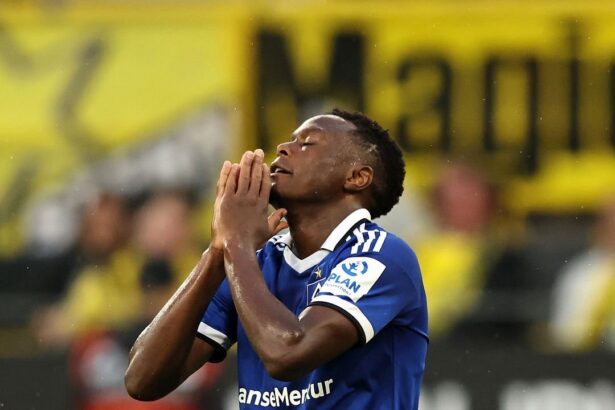 DORTMUND, GERMANY - AUGUST 29: Patson Daka of Hamburger SV reacts during the Bundesliga 2026/27 match between Borussia Dortmund and Hamburger SV at Signal Iduna Park on August 29, 2026 in Dortmund, Germany. (Photo by Christof Koepsel/Getty Images)