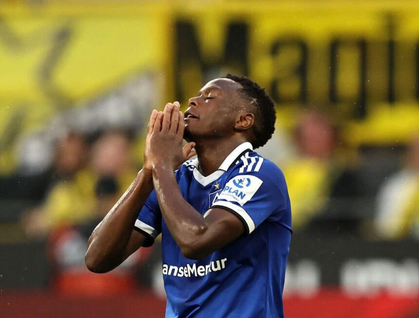 DORTMUND, GERMANY - AUGUST 29: Patson Daka of Hamburger SV reacts during the Bundesliga 2026/27 match between Borussia Dortmund and Hamburger SV at Signal Iduna Park on August 29, 2026 in Dortmund, Germany. (Photo by Christof Koepsel/Getty Images)