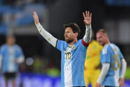 BUENOS AIRES, ARGENTINA - OCTOBER 06: Lionel Messi of Argentina celebrates scoring his team's third goal during the International Friendly match between Argentina and Benin at Estadio Monumental Antonio V. Liberti on October 06, 2026 in Buenos Aires, Argentina. Lionel Messi is making his final appearance for Argentina following his announcement of international retirement on 31 August. (Photo by Marcelo Endelli/Getty Images)