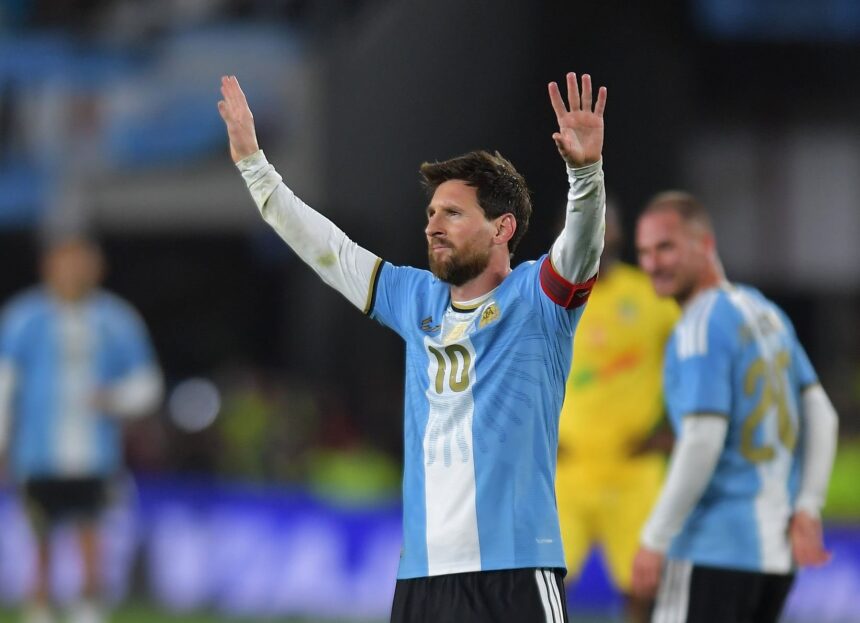 BUENOS AIRES, ARGENTINA - OCTOBER 06: Lionel Messi of Argentina celebrates scoring his team's third goal during the International Friendly match between Argentina and Benin at Estadio Monumental Antonio V. Liberti on October 06, 2026 in Buenos Aires, Argentina. Lionel Messi is making his final appearance for Argentina following his announcement of international retirement on 31 August. (Photo by Marcelo Endelli/Getty Images)
