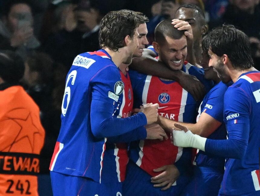 PARIS, FRANCE - OCTOBER 20: Players of Paris Saint-Germain celebrate after scoring a goal during the UEFA Champions League 2026/27 League Phase MD3 match between Paris Saint-Germain and FC Barcelona at Parc des Princes on October 20, 2026 in Paris, France. (Photo by Mustafa Yalcin/Anadolu via Getty Images)